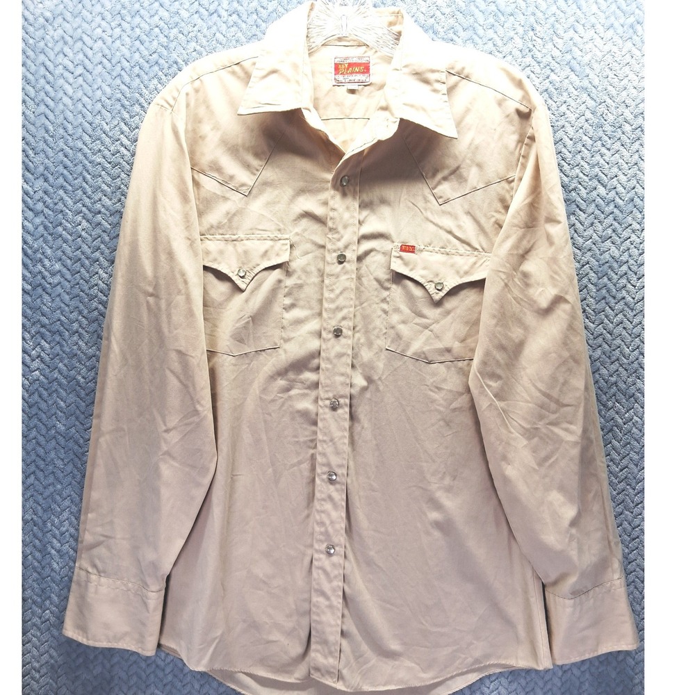 Ely Plains Mens Vintage Western Pearl Snap Shirt Tan Beige Long Sleeve 15.5-34